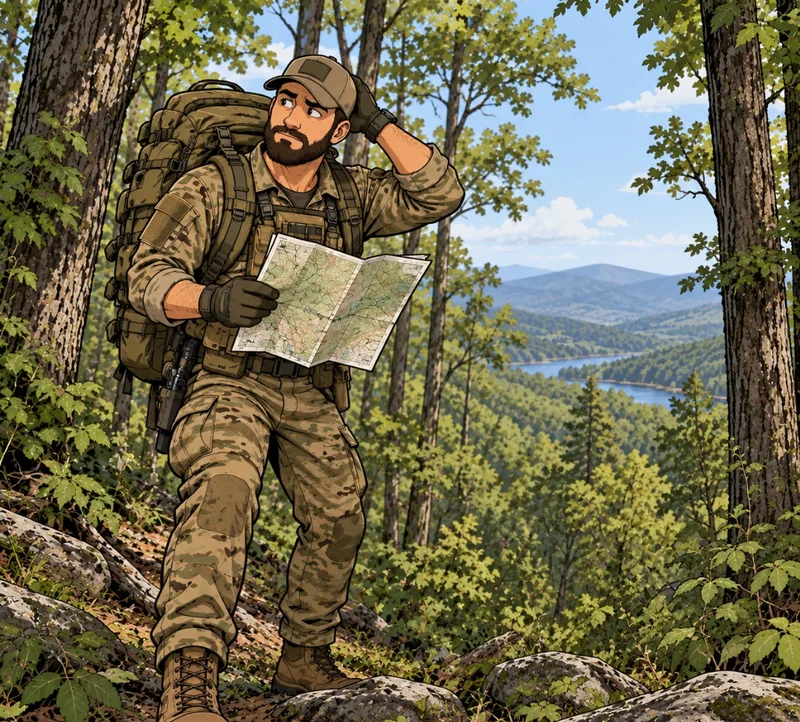 Illustration from GridReady: a soldier with a rucksack reading his map on a wooded ridge