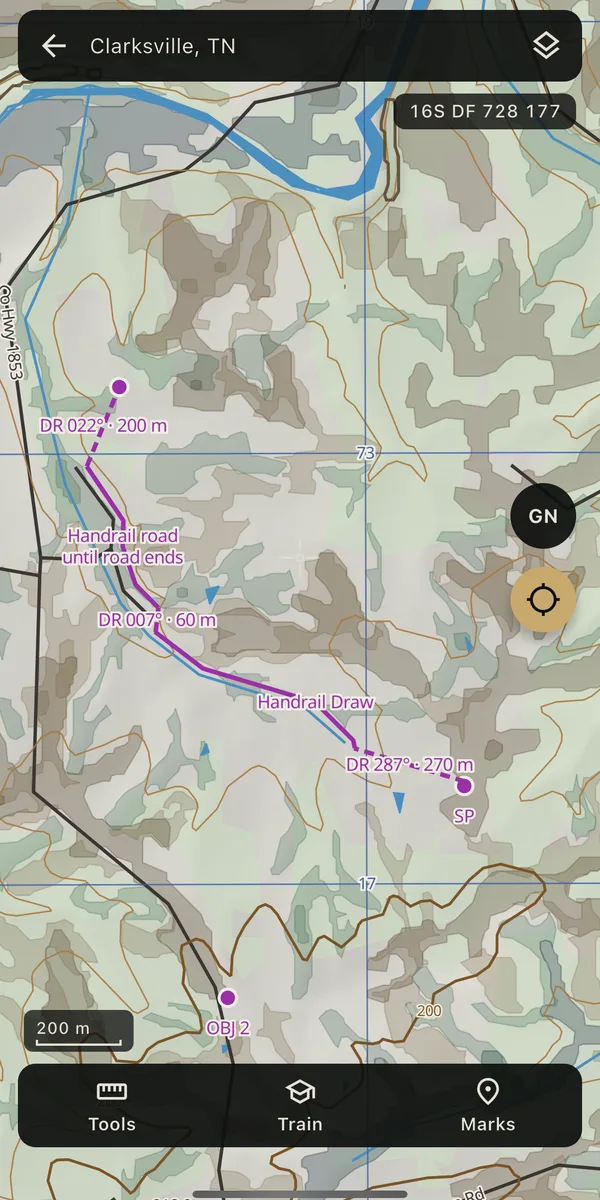 A route plan on the free Clarksville, Tennessee map