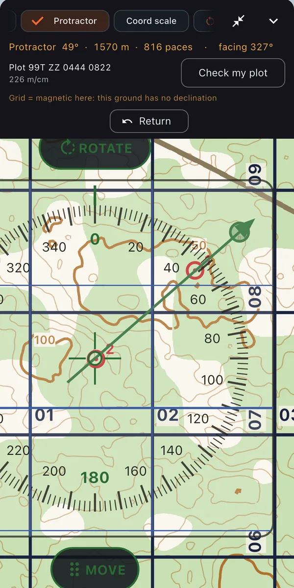 Protractor on the Gridland map reading 49 degrees, 1570 meters, 816 paces
